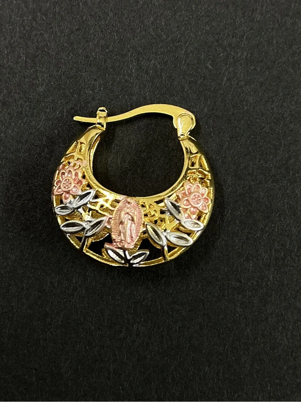 18 Gold  filled lady of Guadalupe Floral Hoop Earrings